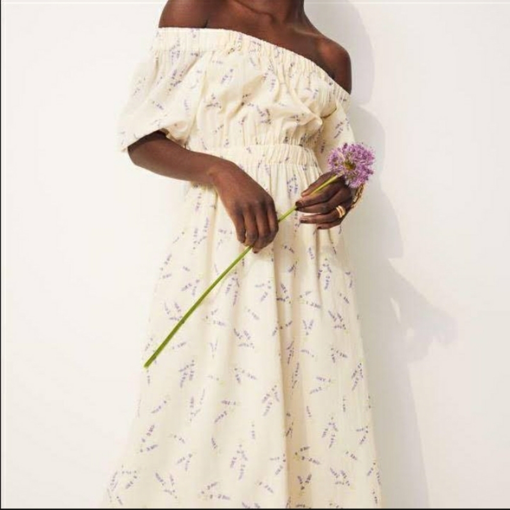H&M Off The Shoulder Balloon Sleeve Floral Organic Cotton Midi Dress Sz S NWT